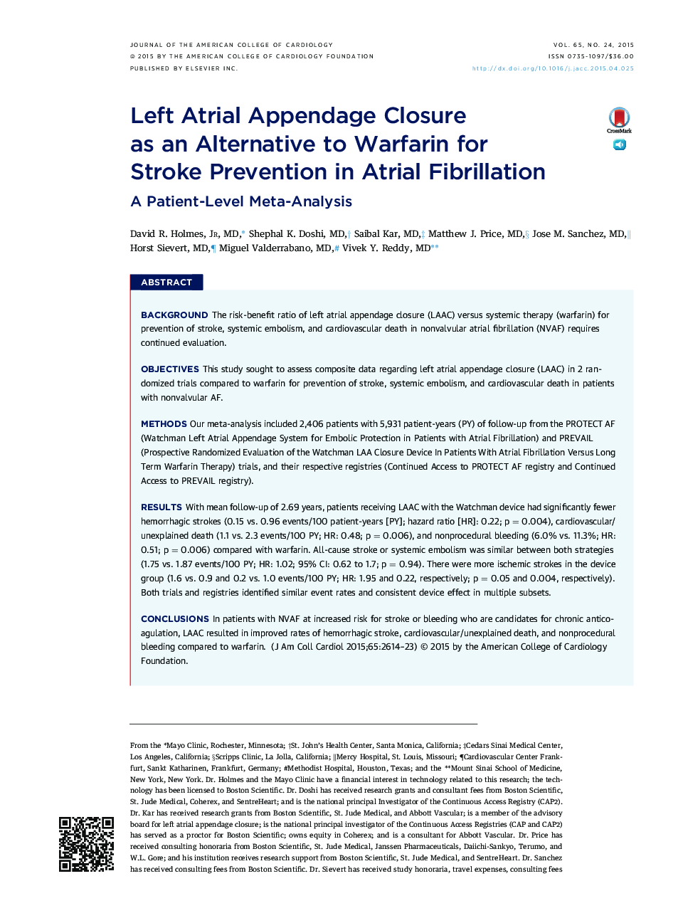 Left Atrial Appendage Closure as an Alternative to Warfarin for Stroke Prevention in Atrial Fibrillation: A Patient-Level Meta-Analysis