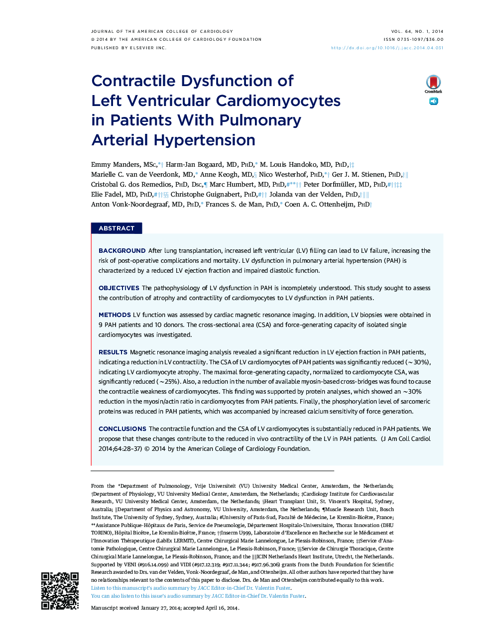 Contractile Dysfunction of Left Ventricular Cardiomyocytes in Patients With Pulmonary Arterial Hypertension