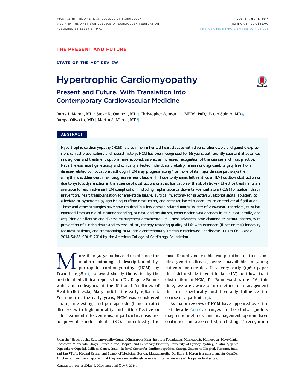 Hypertrophic Cardiomyopathy: Present and Future, With Translation Into Contemporary Cardiovascular Medicine