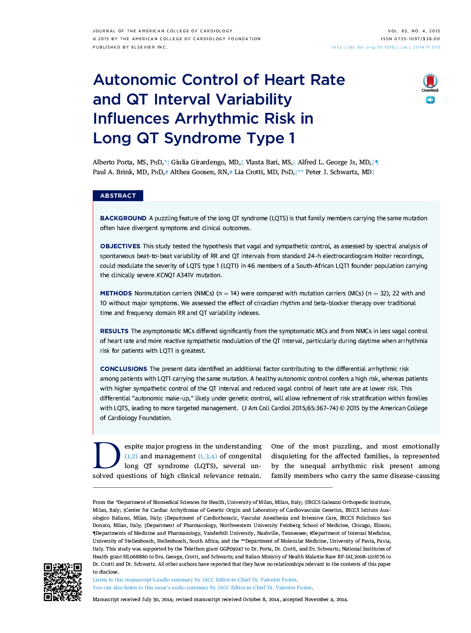 Autonomic Control of Heart Rate and QTÂ Interval Variability Influences Arrhythmic Risk in Long QT Syndrome Type 1