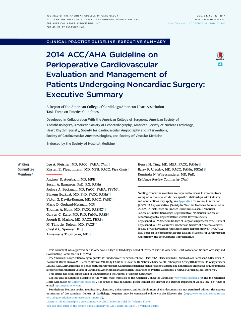 2014 ACC/AHA Guideline on Perioperative Cardiovascular Evaluation and Management of Patients Undergoing Noncardiac Surgery: Executive Summary