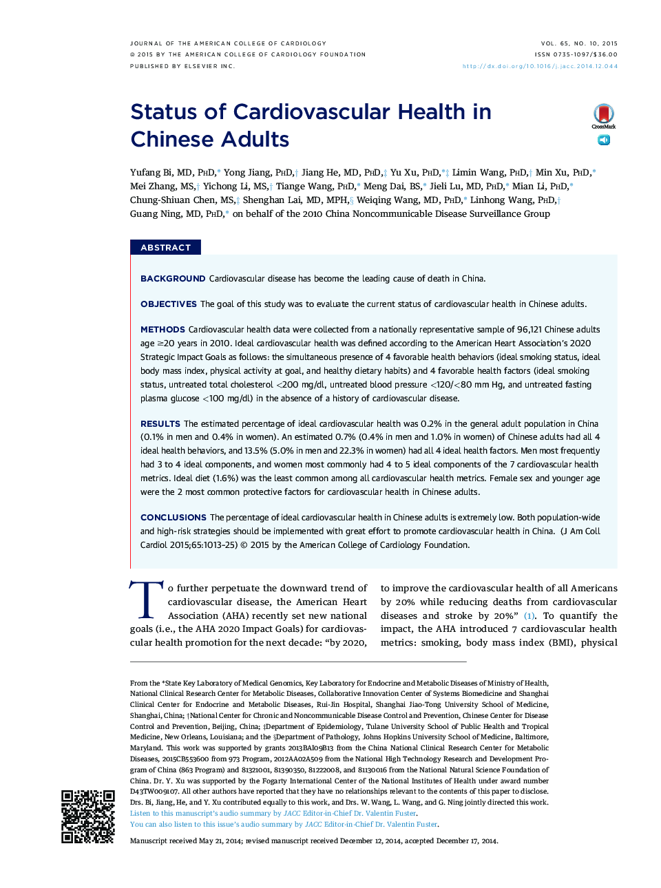 Status of Cardiovascular Health in ChineseÂ Adults