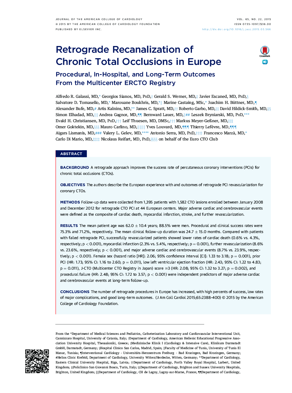 Retrograde Recanalization of Chronic Total Occlusions in Europe: Procedural, In-Hospital, and Long-Term Outcomes From the Multicenter ERCTO Registry