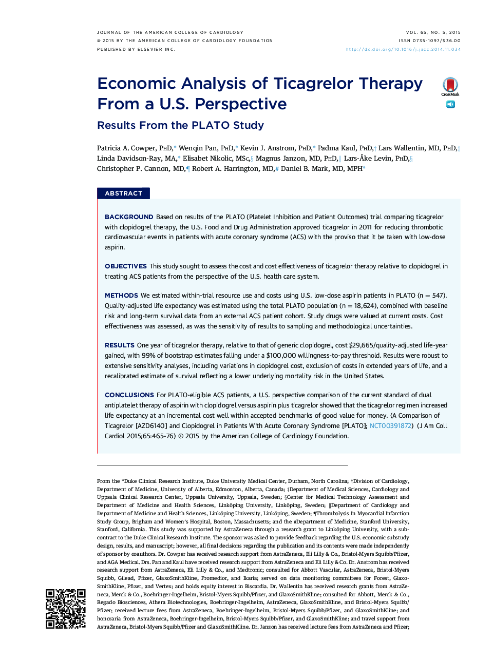 Economic Analysis of Ticagrelor Therapy From a U.S. Perspective: Results From the PLATO Study