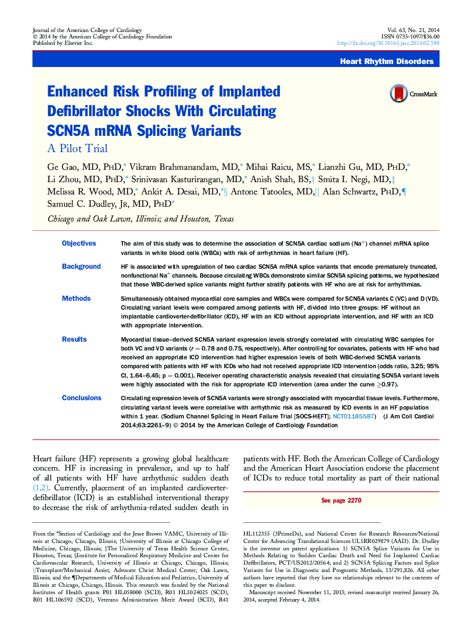 Enhanced Risk Profiling of Implanted Defibrillator Shocks With Circulating SCN5A mRNA Splicing Variants: A Pilot Trial