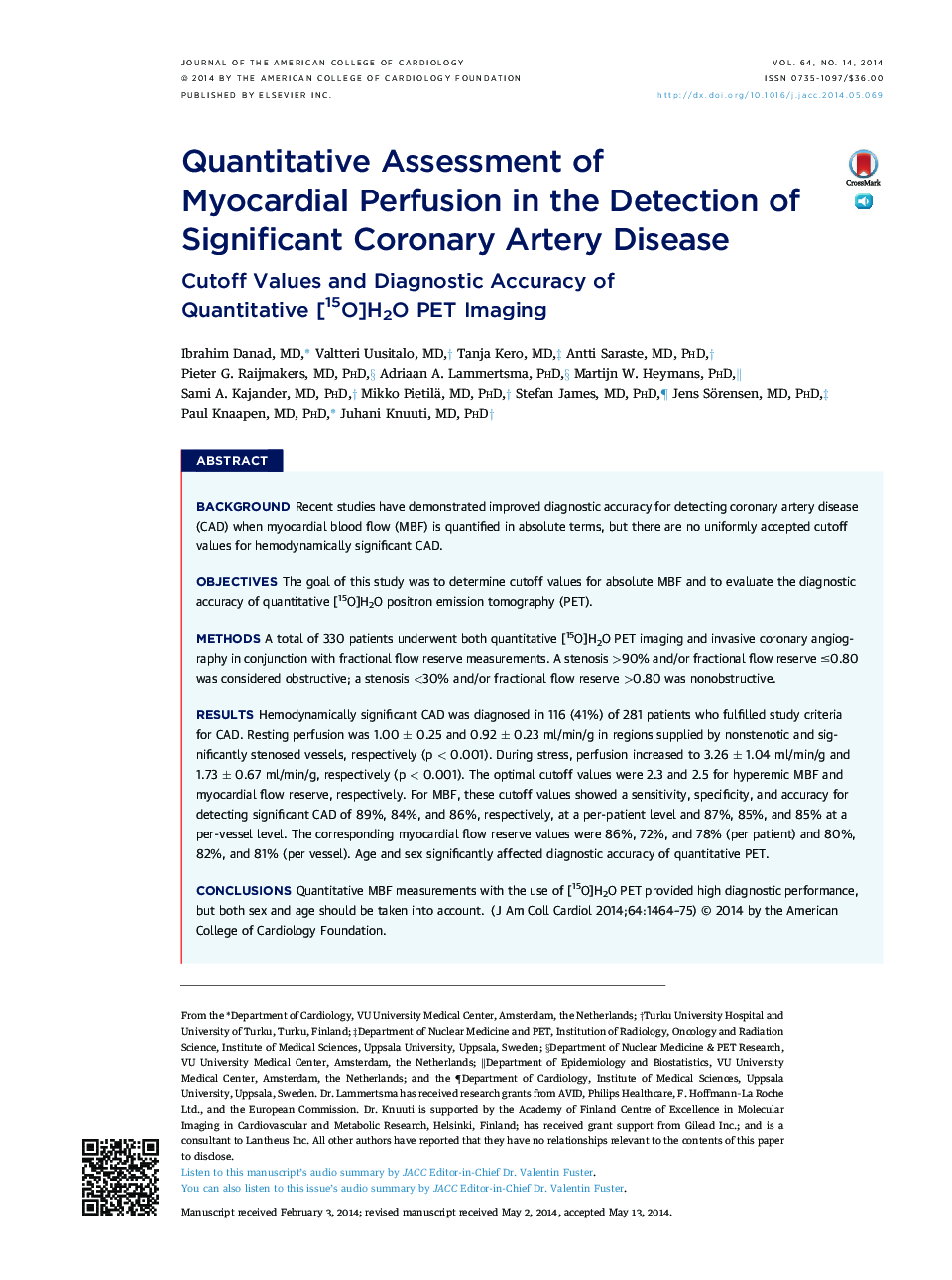 Quantitative Assessment of MyocardialÂ Perfusion in the Detection of Significant Coronary Artery Disease: Cutoff Values and Diagnostic Accuracy of Quantitative [15O]H2O PET Imaging