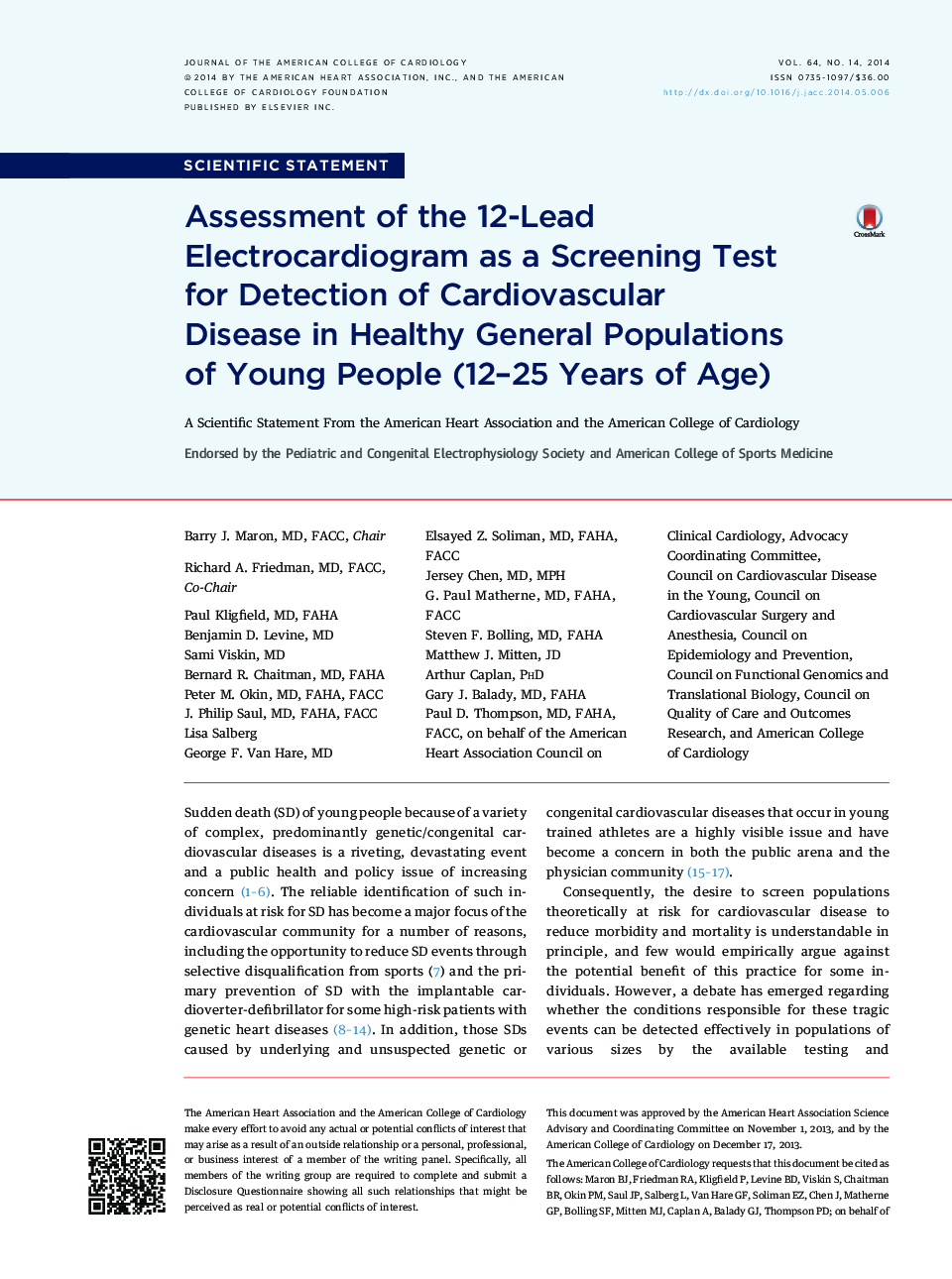 Assessment of the 12-Lead Electrocardiogram asÂ aÂ Screening Test for Detection of Cardiovascular DiseaseÂ inÂ Healthy General Populations of Young PeopleÂ (12-25Â Years of Age)