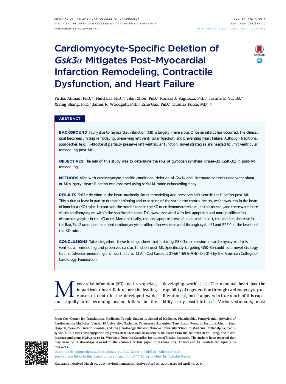 Cardiomyocyte-Specific Deletion of Gsk3Î±Â Mitigates Post-Myocardial InfarctionÂ Remodeling, Contractile Dysfunction, and Heart Failure