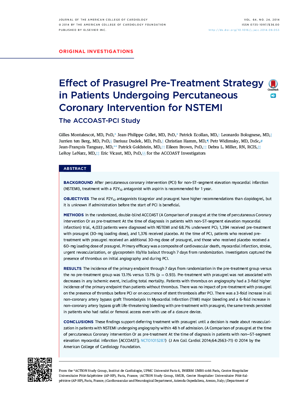 Effect of Prasugrel Pre-Treatment Strategy in Patients Undergoing Percutaneous Coronary Intervention for NSTEMI: The ACCOAST-PCI Study