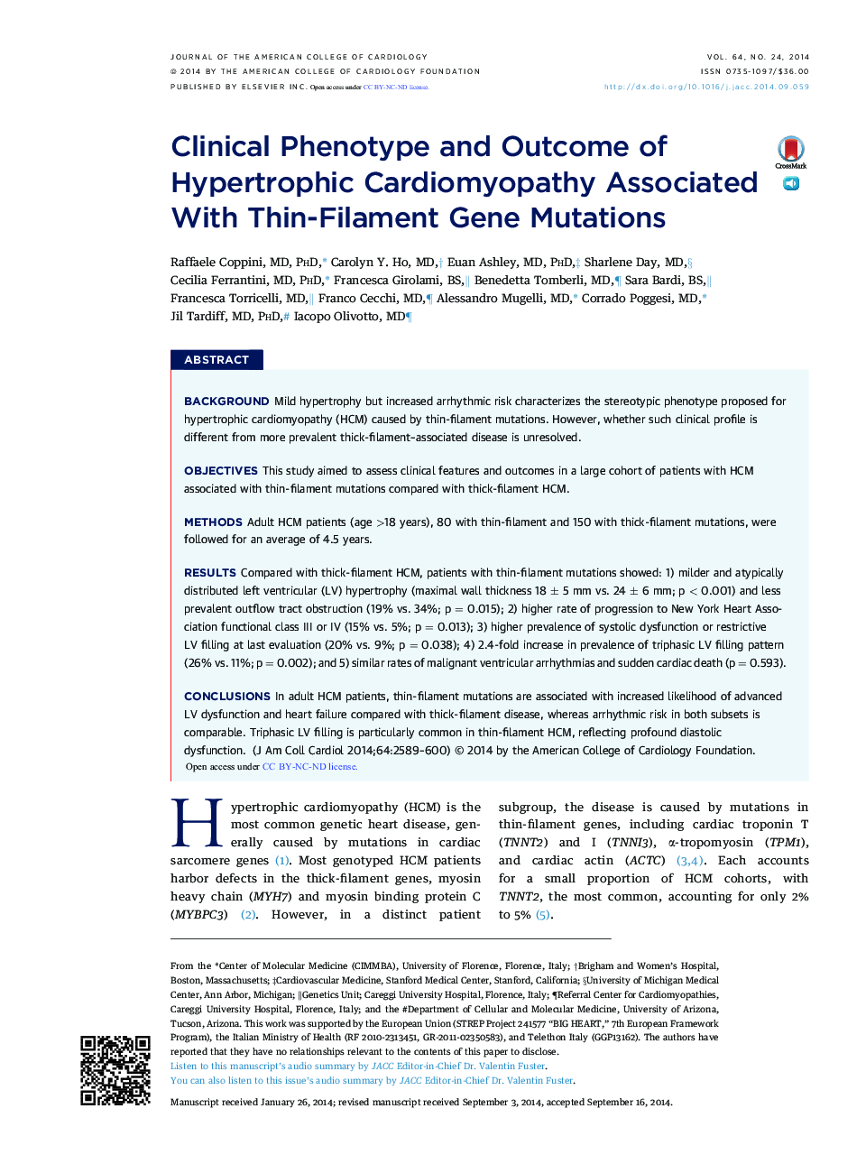 Clinical Phenotype and Outcome of Hypertrophic Cardiomyopathy Associated With Thin-Filament Gene Mutations