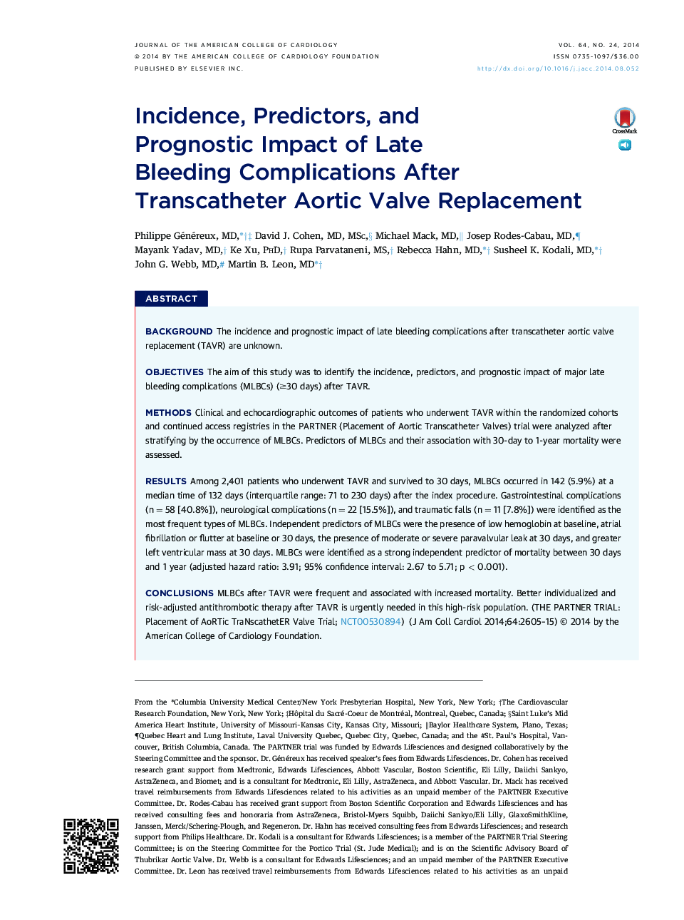 Incidence, Predictors, and PrognosticÂ Impact of Late Bleeding Complications After Transcatheter Aortic Valve Replacement