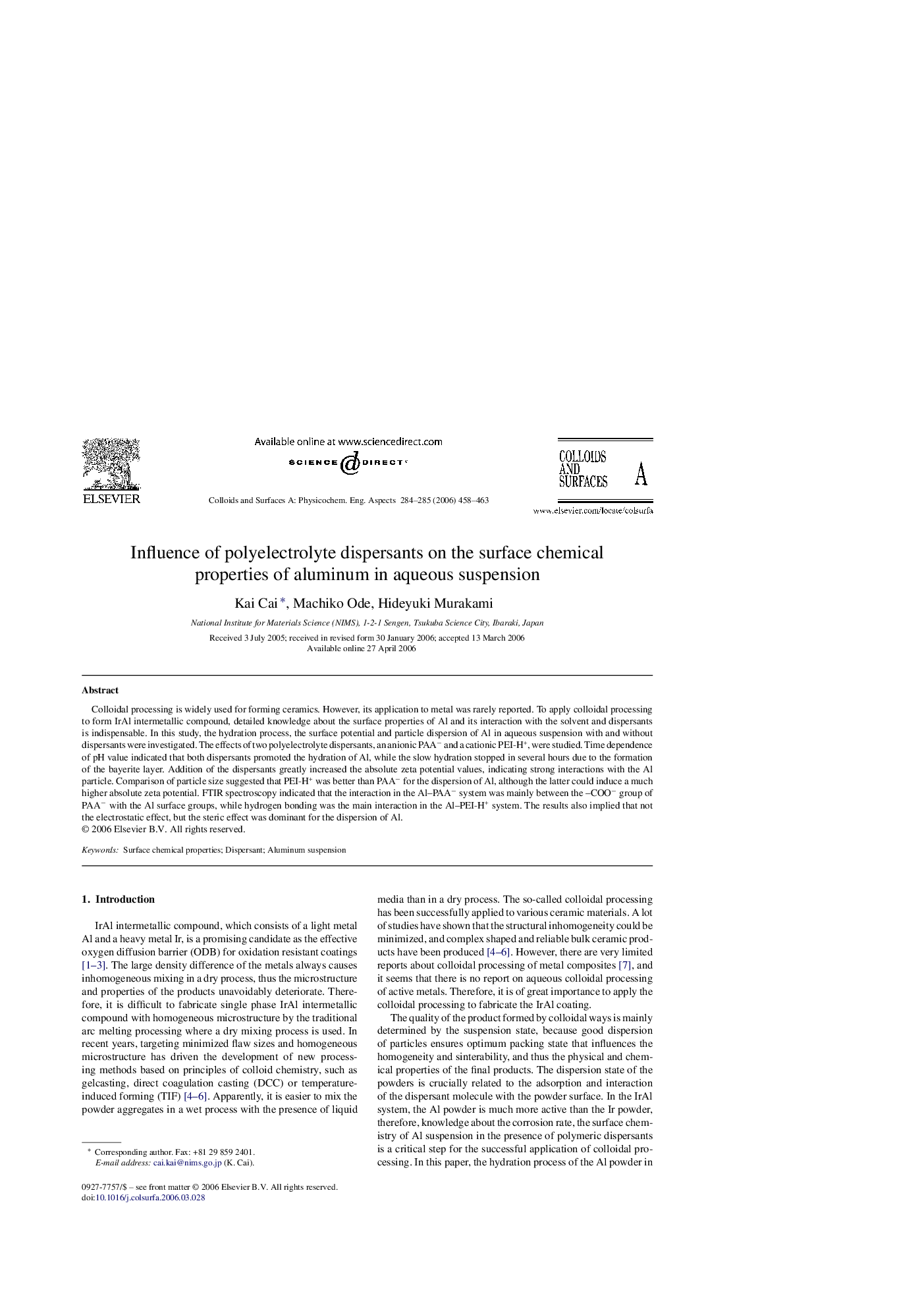 Influence of polyelectrolyte dispersants on the surface chemical properties of aluminum in aqueous suspension