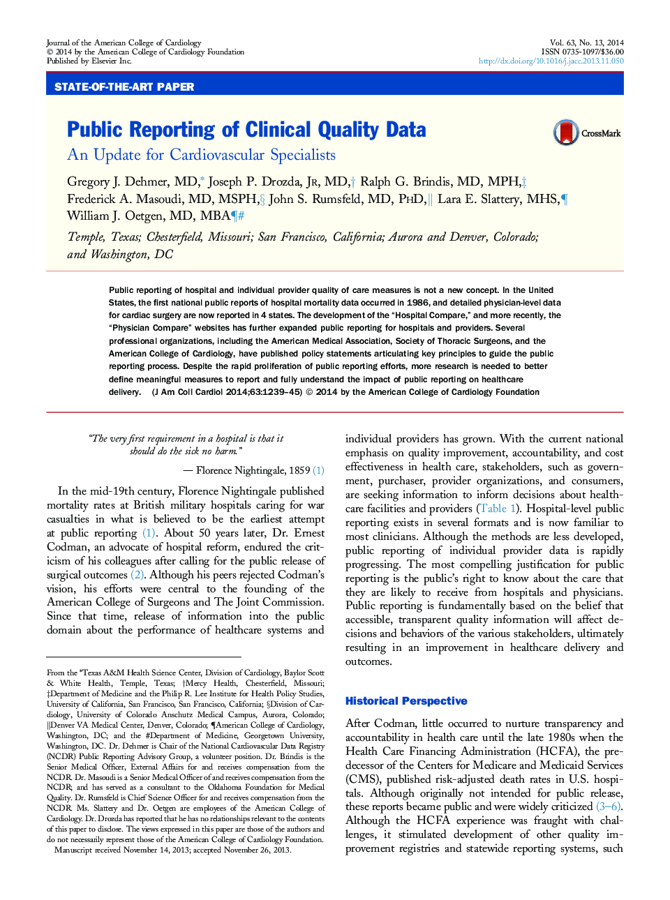 گزارش عمومی از داده های بالینی کیفیت: به روز رسانی برای متخصصان قلب و عروق 