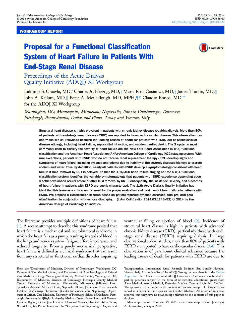 عکس صفحه اول مقاله: Proposal for a Functional Classification System of Heart Failure in Patients With End-Stage Renal Disease: Proceedings of the Acute Dialysis Quality Initiative (ADQI) XI Workgroup Proposal for a Functional Classification System of Heart Failure in Patients With End-Stage Renal Disease: Proceedings of the Acute Dialysis Quality Initiative (ADQI) XI Workgroup