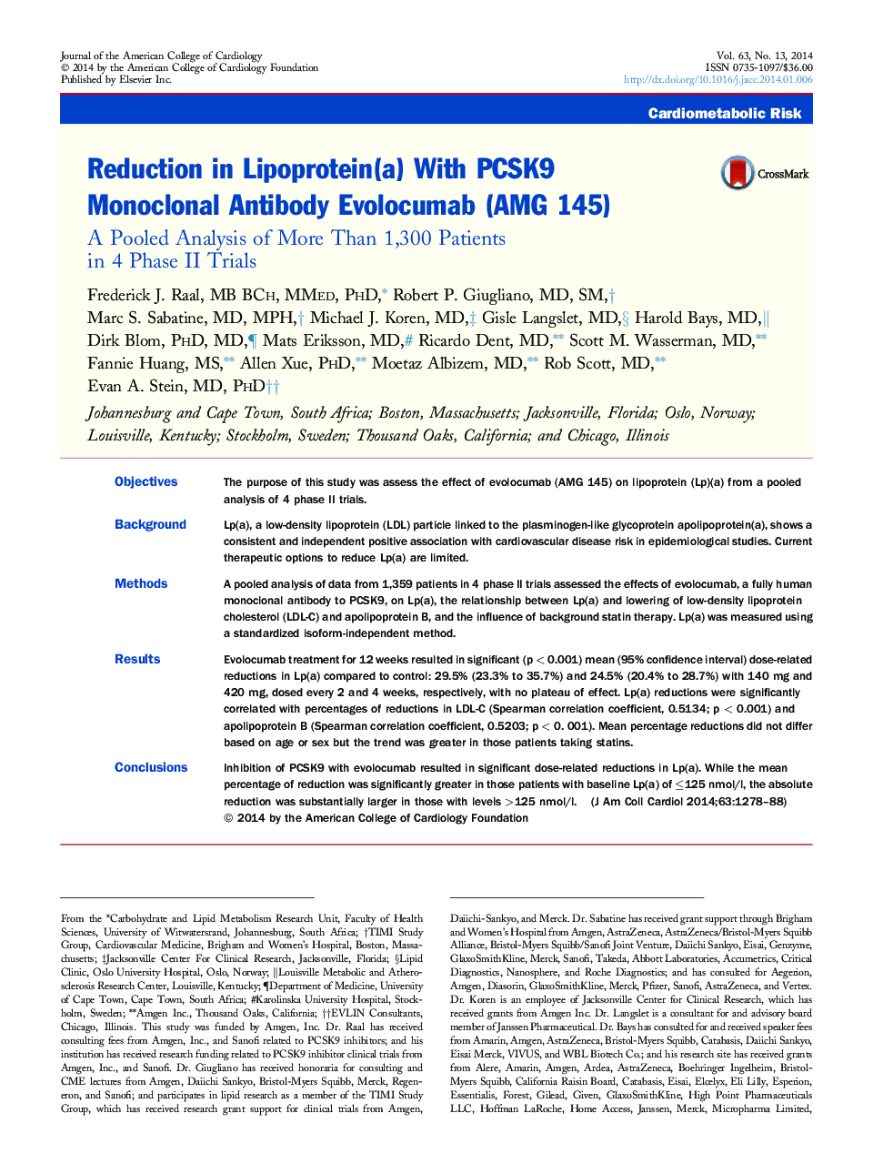 Reduction in Lipoprotein(a) With PCSK9 Monoclonal Antibody Evolocumab (AMG 145): A Pooled Analysis of More Than 1,300 Patients in 4 Phase II Trials