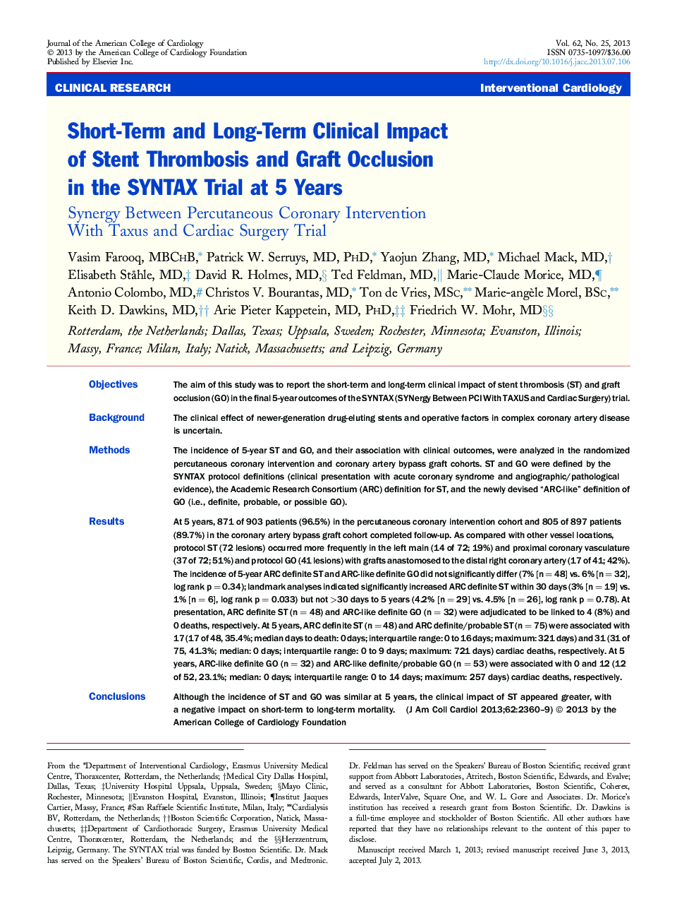 Short-Term and Long-Term Clinical Impact of Stent Thrombosis and Graft Occlusion in the SYNTAX Trial at 5 Years: Synergy Between Percutaneous Coronary Intervention With Taxus and Cardiac Surgery Trial