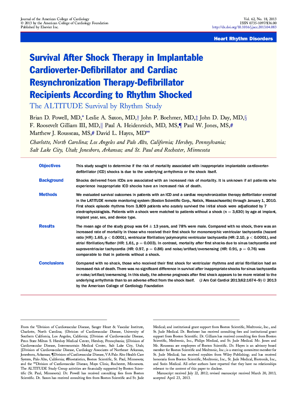 Survival After Shock Therapy in Implantable Cardioverter-Defibrillator and Cardiac Resynchronization Therapy-Defibrillator Recipients According to Rhythm Shocked: The ALTITUDE Survival by Rhythm Study