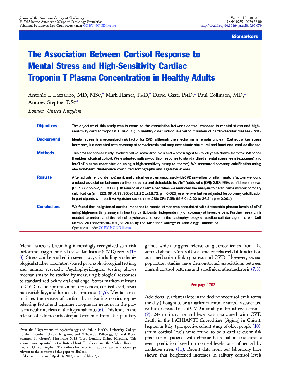 عکس صفحه اول مقاله: The Association Between Cortisol Response to Mental Stress and High-Sensitivity Cardiac Troponin T Plasma Concentration in Healthy Adults The Association Between Cortisol Response to Mental Stress and High-Sensitivity Cardiac Troponin T Plasma Concentration in Healthy Adults