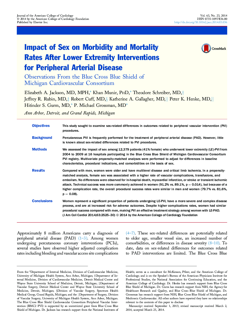 Impact of Sex on Morbidity and Mortality Rates After Lower Extremity Interventions for Peripheral Arterial Disease: Observations From the Blue Cross Blue Shield of Michigan Cardiovascular Consortium