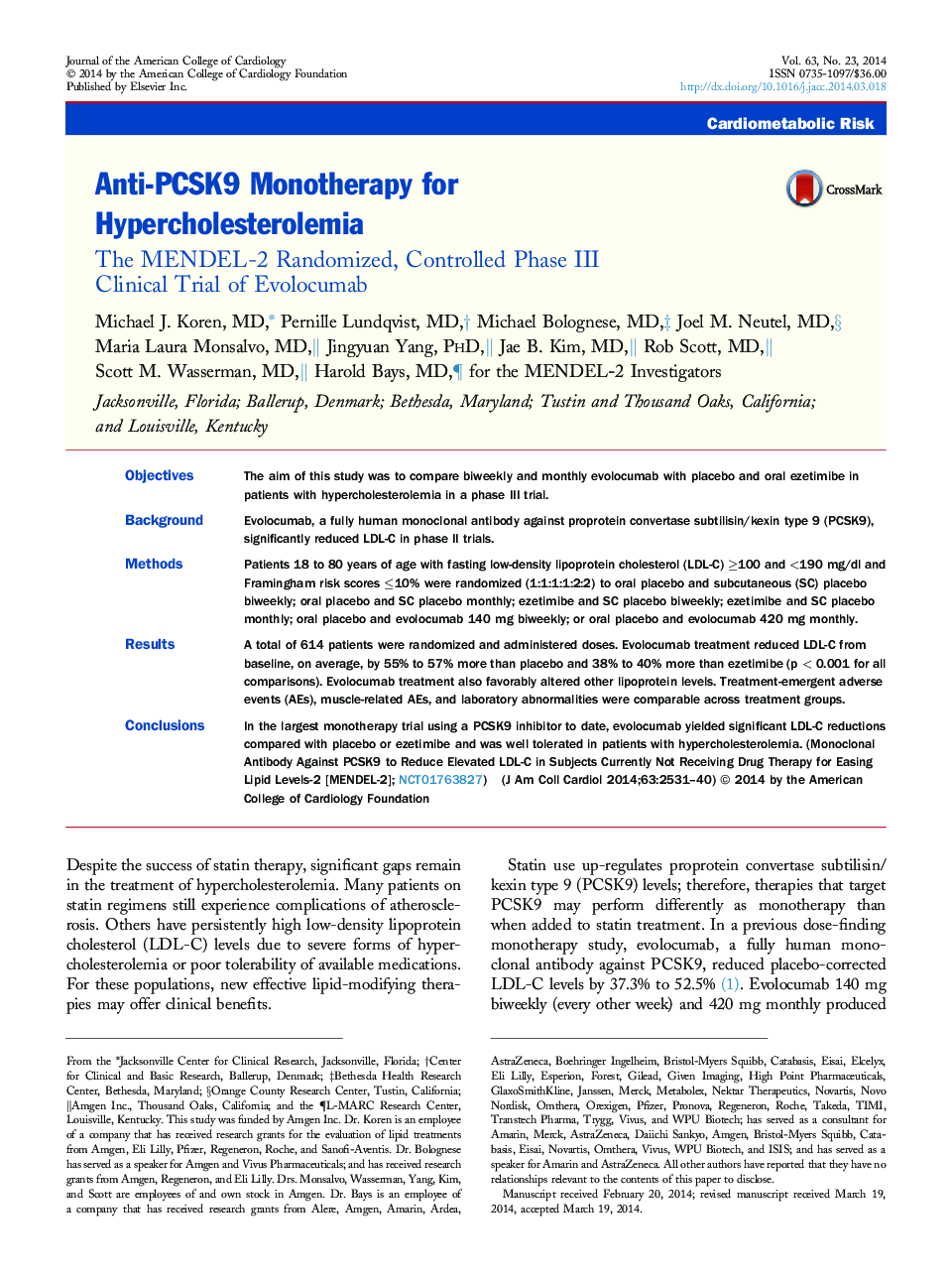 Anti-PCSK9 Monotherapy for Hypercholesterolemia: The MENDEL-2 Randomized, Controlled Phase III ClinicalÂ Trial of Evolocumab
