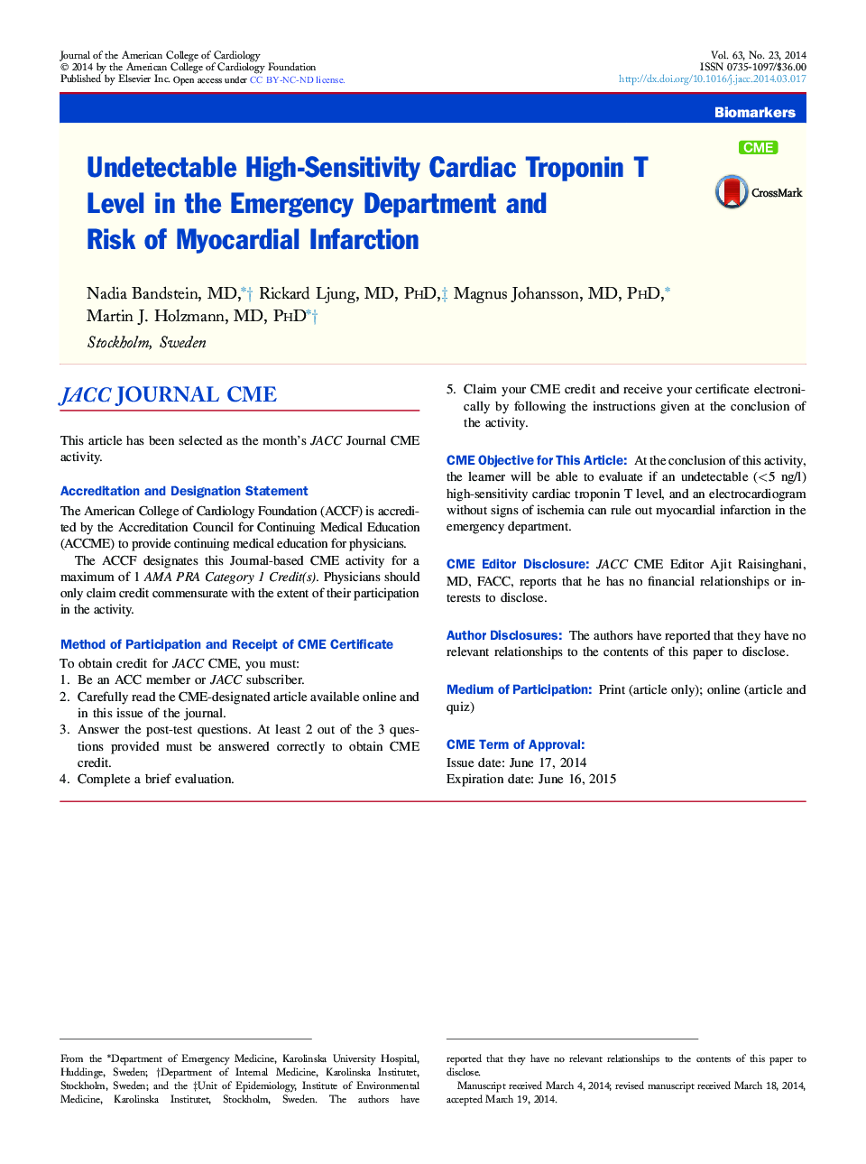 Undetectable High-Sensitivity Cardiac Troponin T LevelÂ in the EmergencyÂ DepartmentÂ and RiskÂ ofÂ Myocardial Infarction