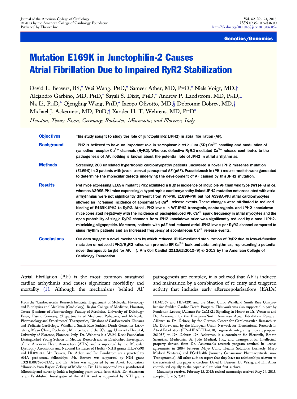Mutation E169K in Junctophilin-2 Causes Atrial Fibrillation Due to Impaired RyR2 Stabilization