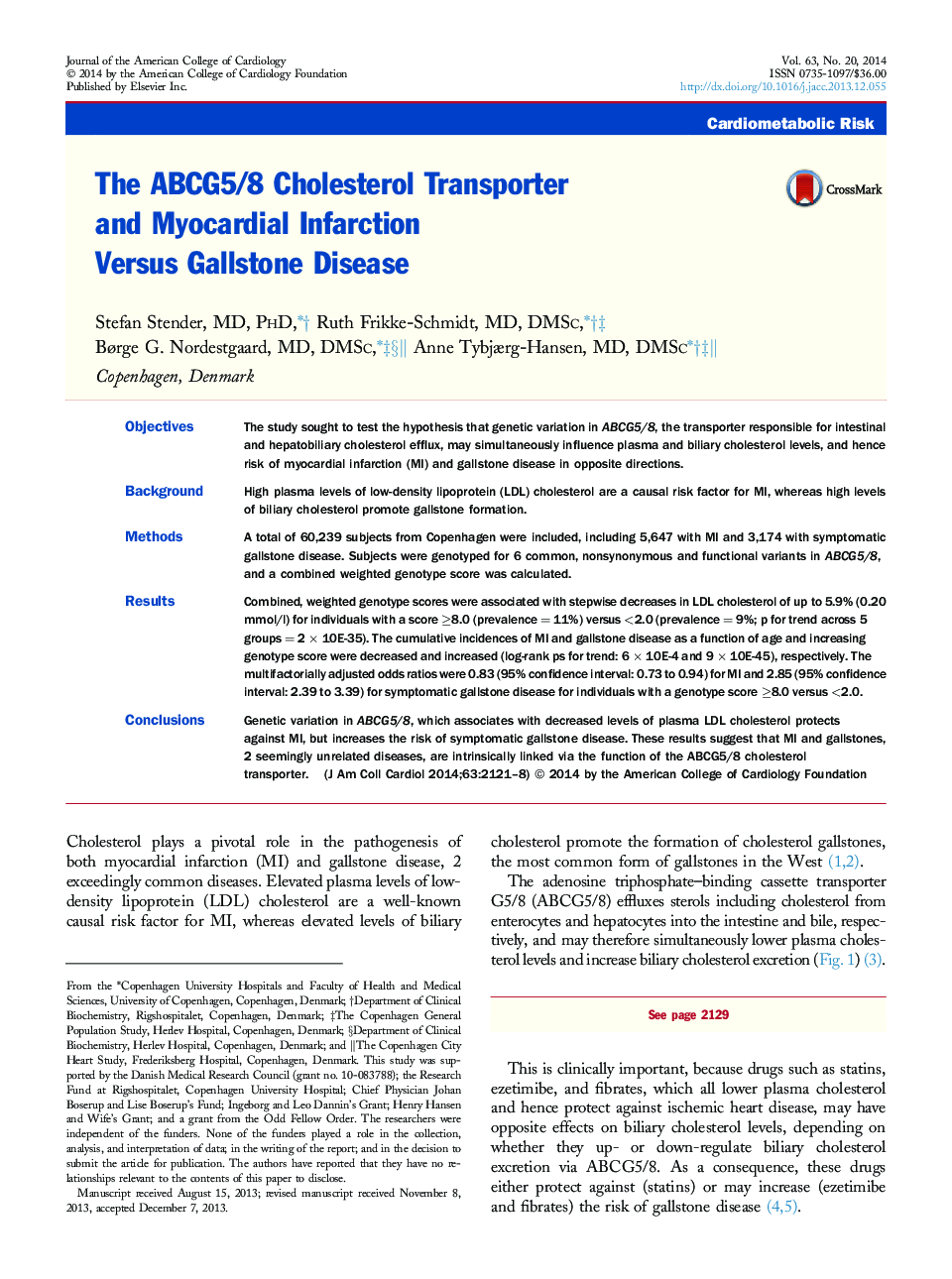 The ABCG5/8 Cholesterol Transporter and Myocardial Infarction Versus Gallstone Disease