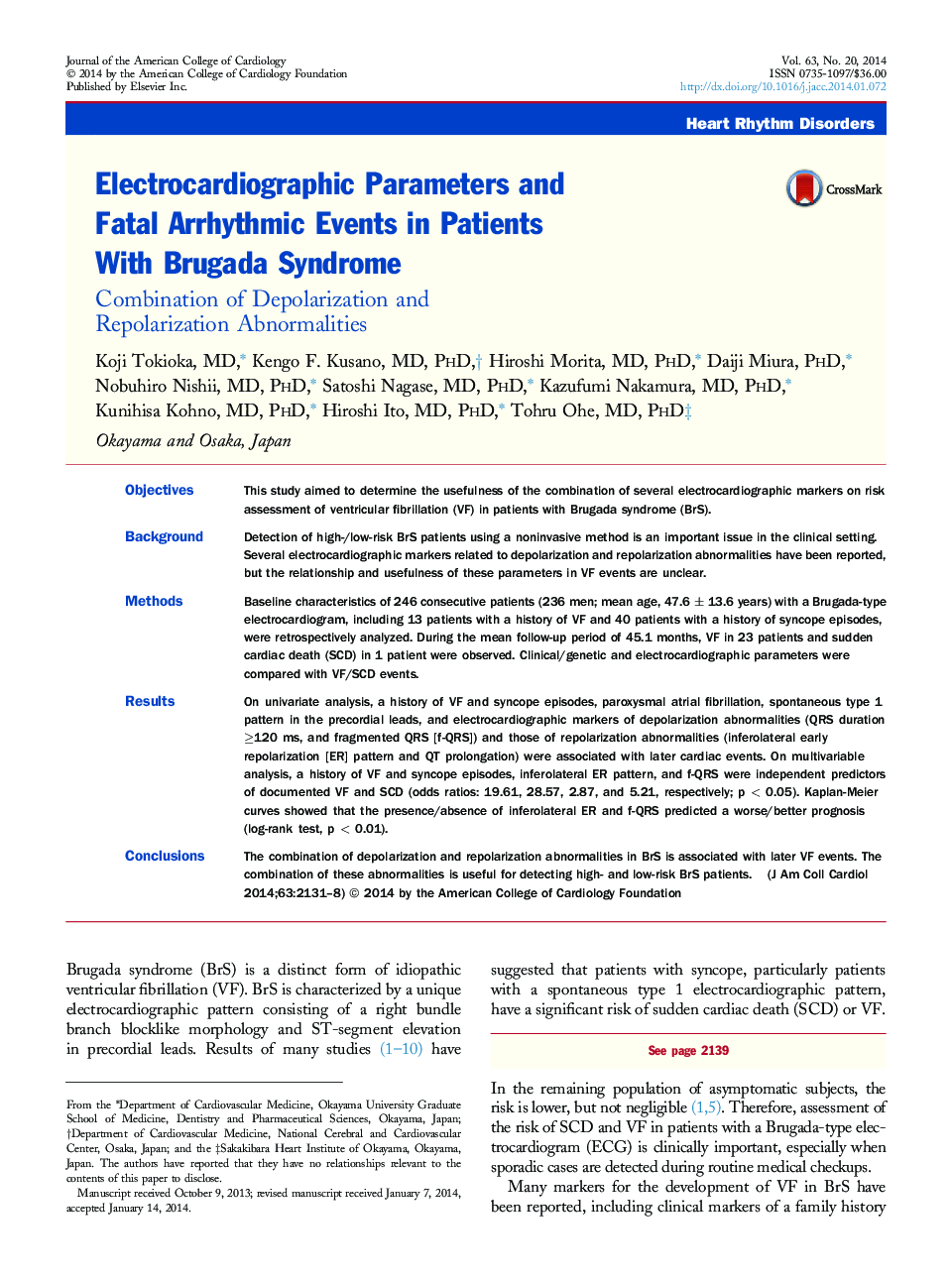 Electrocardiographic Parameters and Fatal Arrhythmic Events in Patients With Brugada Syndrome: Combination of Depolarization and Repolarization Abnormalities