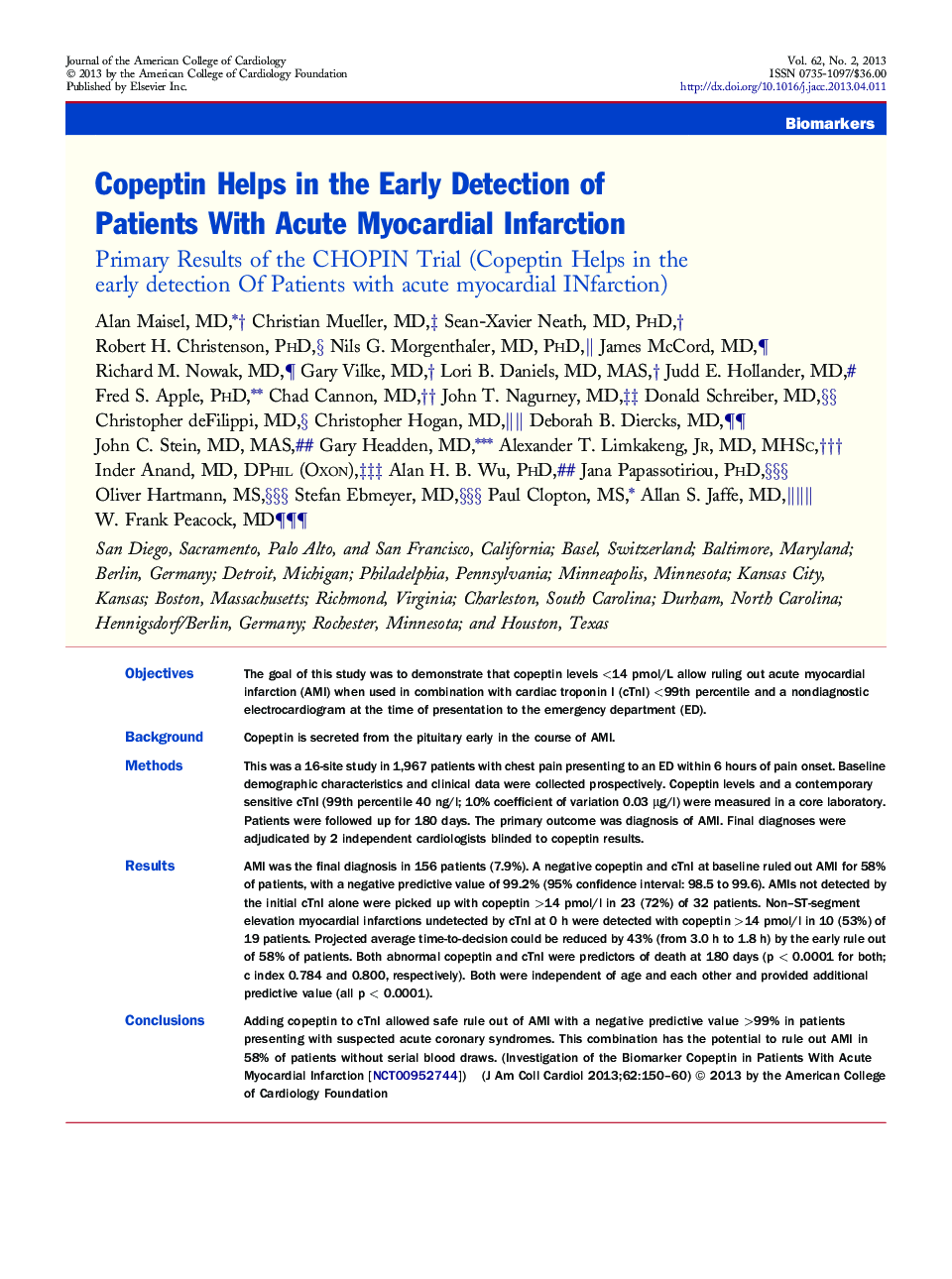 Copeptin Helps in the Early Detection of Patients With Acute Myocardial Infarction: Primary Results of the CHOPIN Trial (Copeptin Helps in the early detection Of Patients with acute myocardial INfarction)