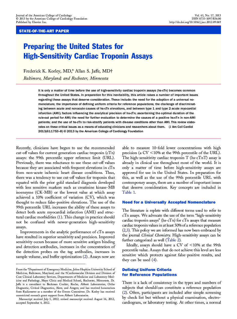 Preparing the United States for High-Sensitivity Cardiac Troponin Assays