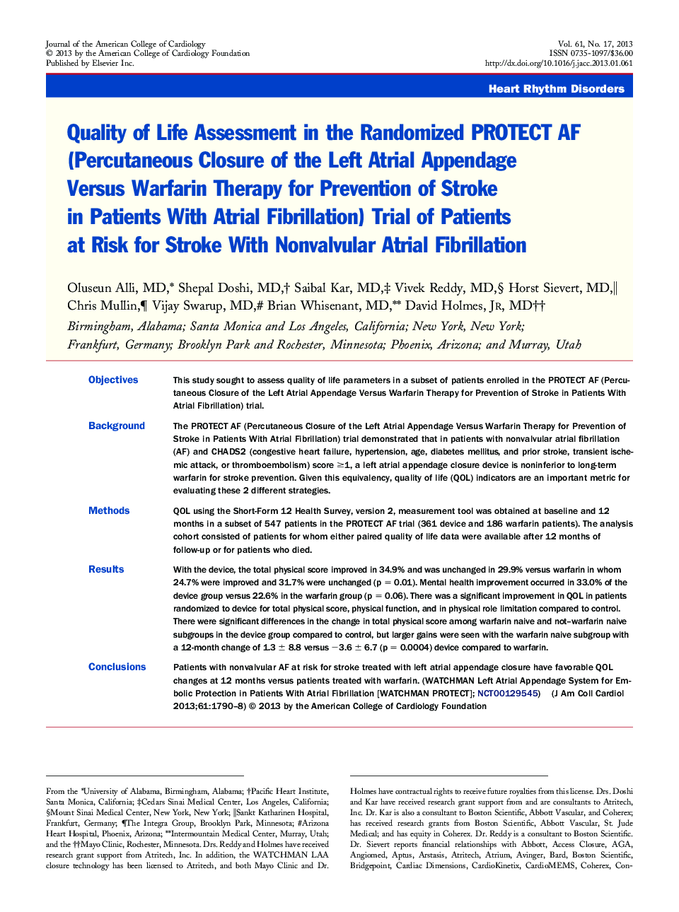 Quality of Life Assessment in the Randomized PROTECT AF (Percutaneous Closure of the Left Atrial Appendage Versus Warfarin Therapy for Prevention of Stroke in Patients With Atrial Fibrillation) Trial of Patients at Risk for Stroke With Nonvalvular Atrial 