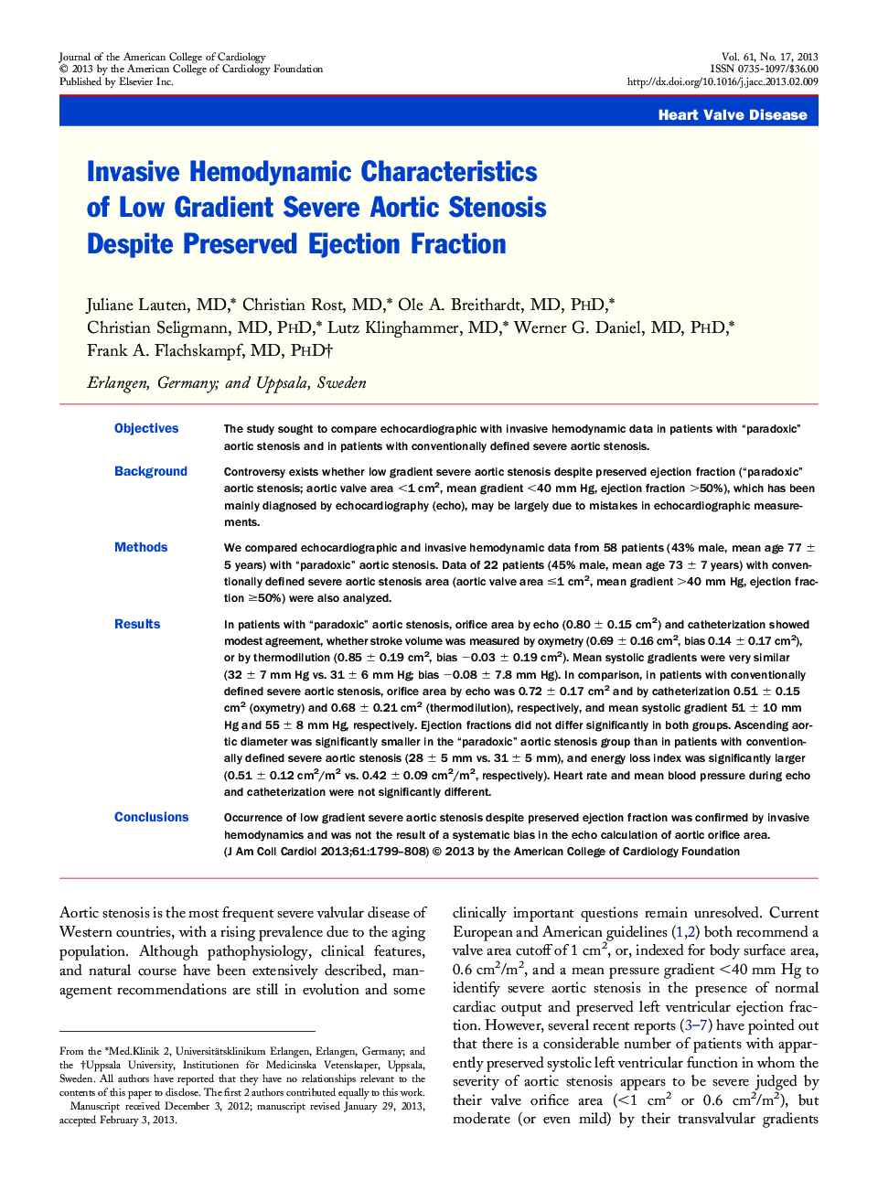 Invasive Hemodynamic Characteristics of Low Gradient Severe Aortic Stenosis Despite Preserved Ejection Fraction