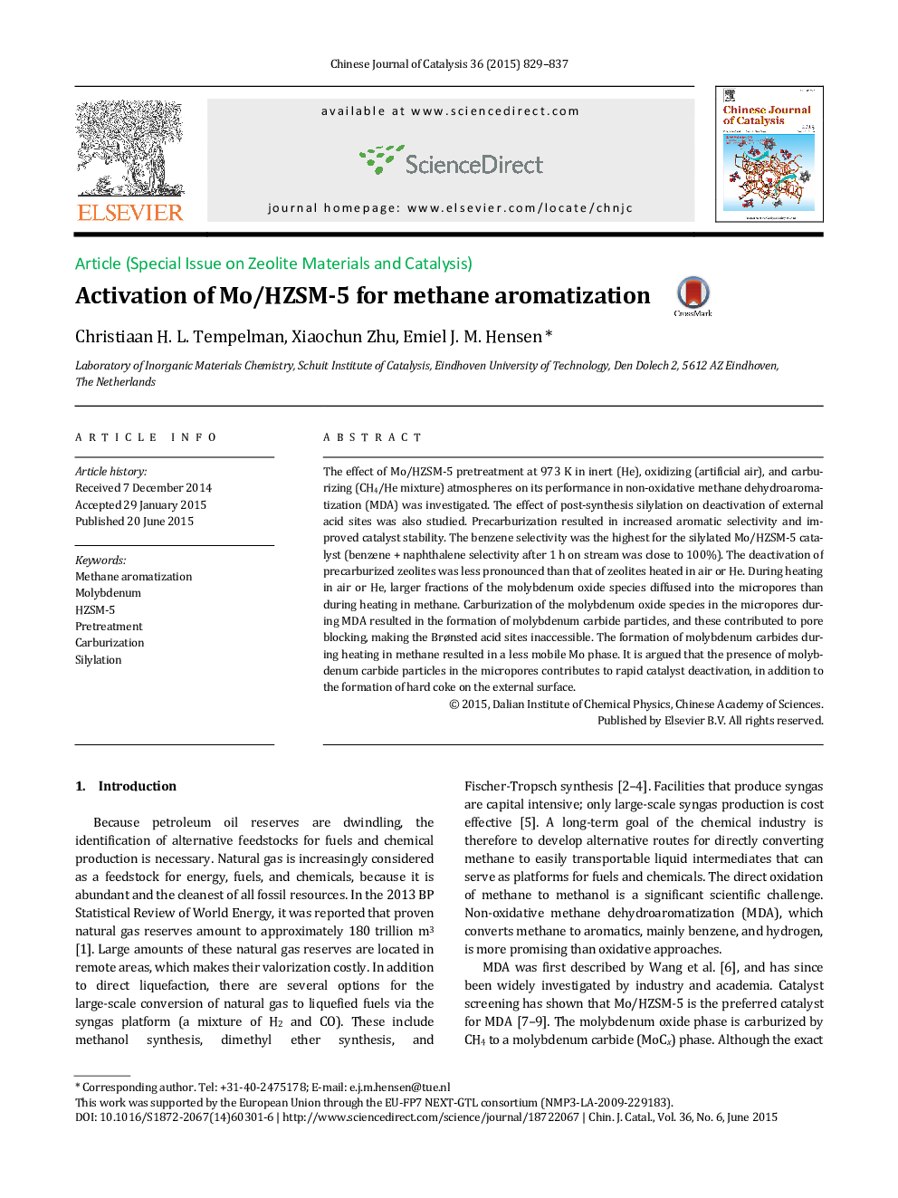 Activation of Mo/HZSM-5 for methane aromatization 