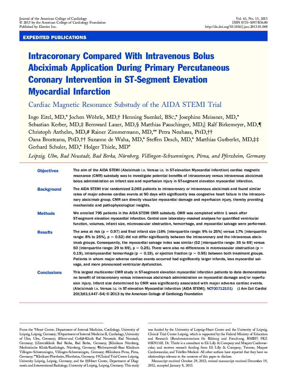 Intracoronary Compared With Intravenous Bolus Abciximab Application During Primary Percutaneous Coronary Intervention in ST-Segment Elevation Myocardial Infarction: Cardiac Magnetic Resonance Substudy of the AIDA STEMI Trial
