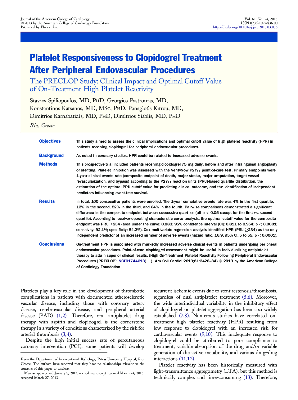 Platelet Responsiveness to Clopidogrel Treatment After Peripheral Endovascular Procedures: The PRECLOP Study: Clinical Impact and Optimal Cutoff Value of On-Treatment High Platelet Reactivity
