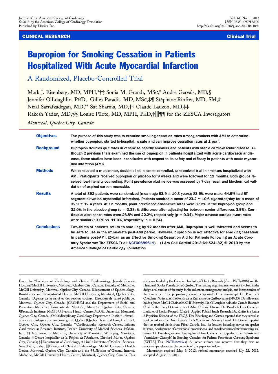 Bupropion for Smoking Cessation in Patients Hospitalized With Acute Myocardial Infarction: A Randomized, Placebo-Controlled Trial