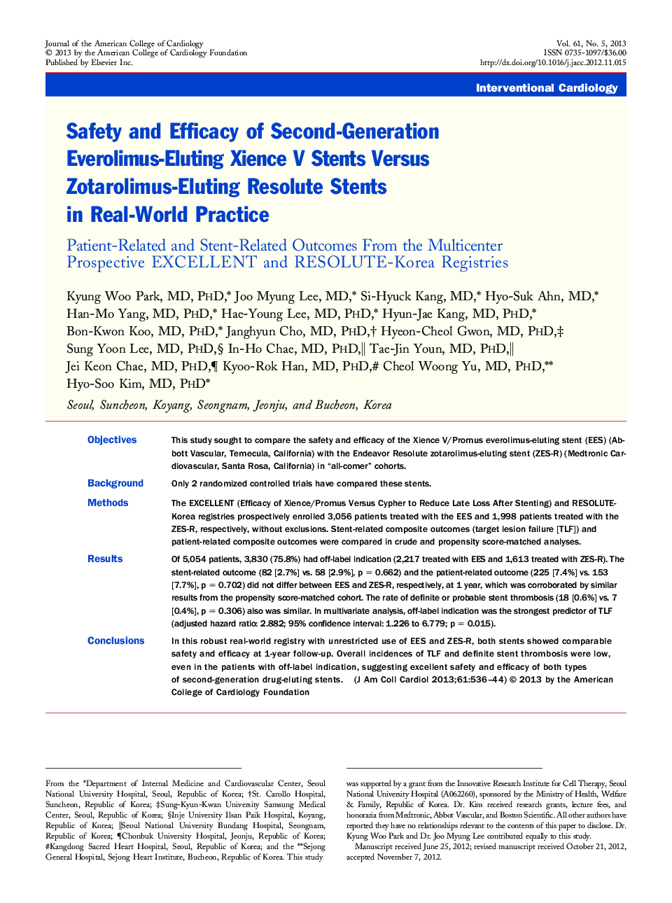 Safety and Efficacy of Second-Generation Everolimus-Eluting Xience V Stents Versus Zotarolimus-Eluting Resolute Stents in Real-World Practice: Patient-Related and Stent-Related Outcomes From the Multicenter Prospective EXCELLENT and RESOLUTE-Korea Registr