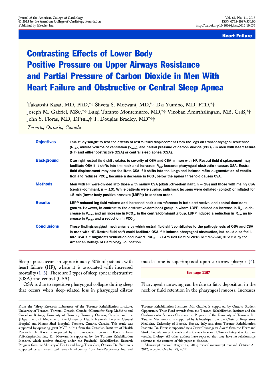 Contrasting Effects of Lower Body Positive Pressure on Upper Airways Resistance and Partial Pressure of Carbon Dioxide in Men With Heart Failure and Obstructive or Central Sleep Apnea