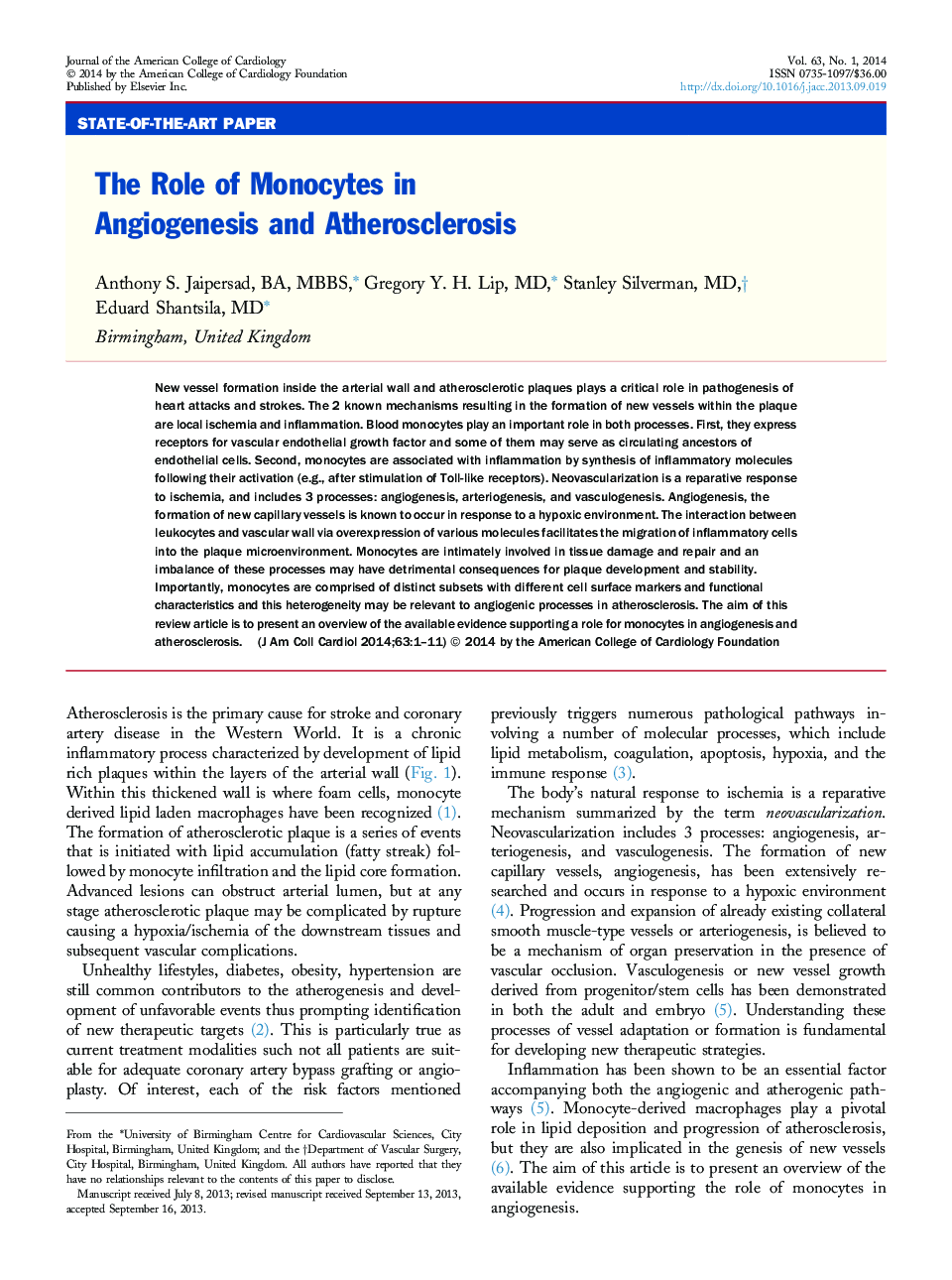 The Role of Monocytes in Angiogenesis and Atherosclerosis