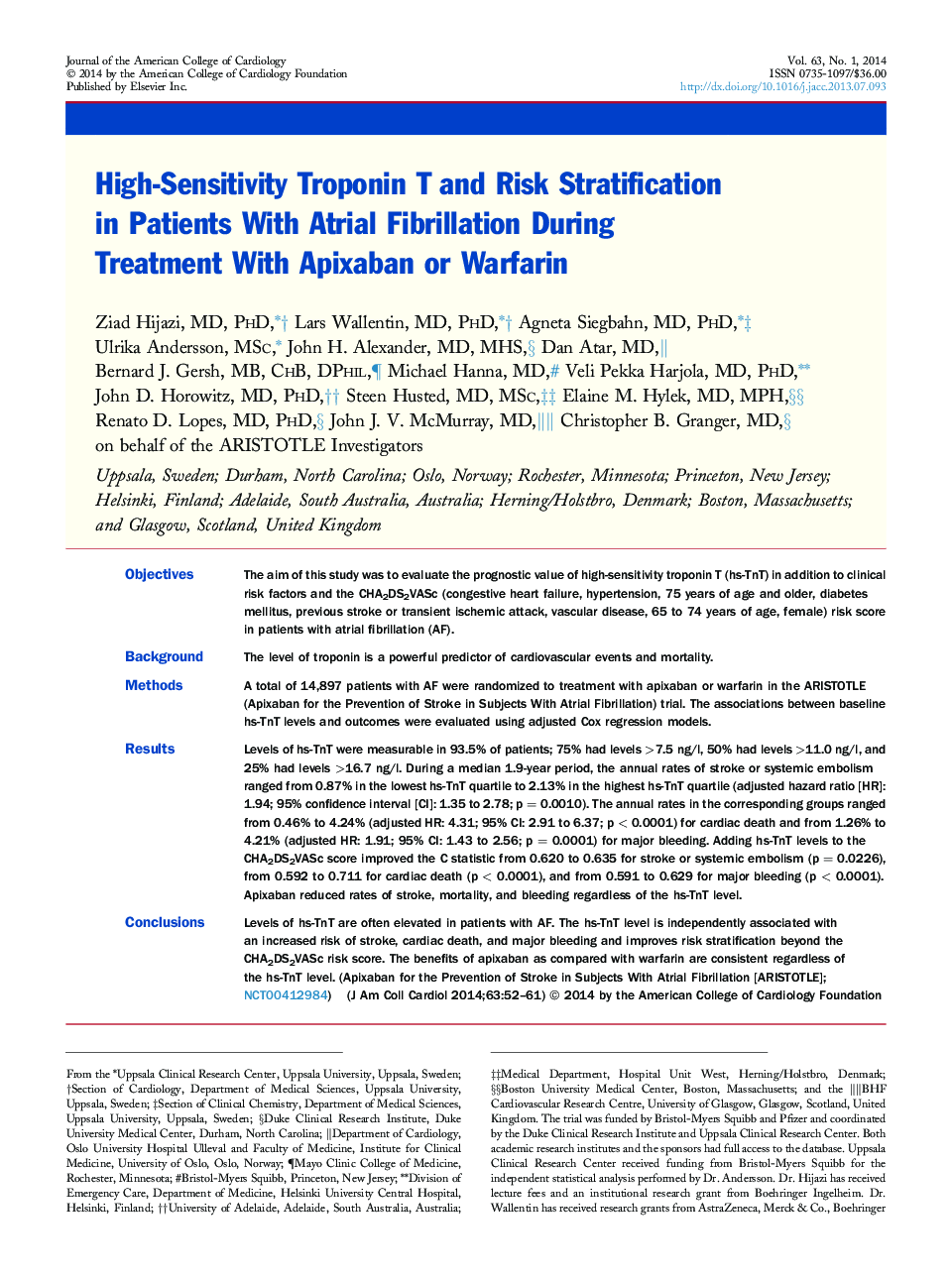 High-Sensitivity Troponin T and Risk Stratification in Patients With Atrial Fibrillation During Treatment With Apixaban or Warfarin