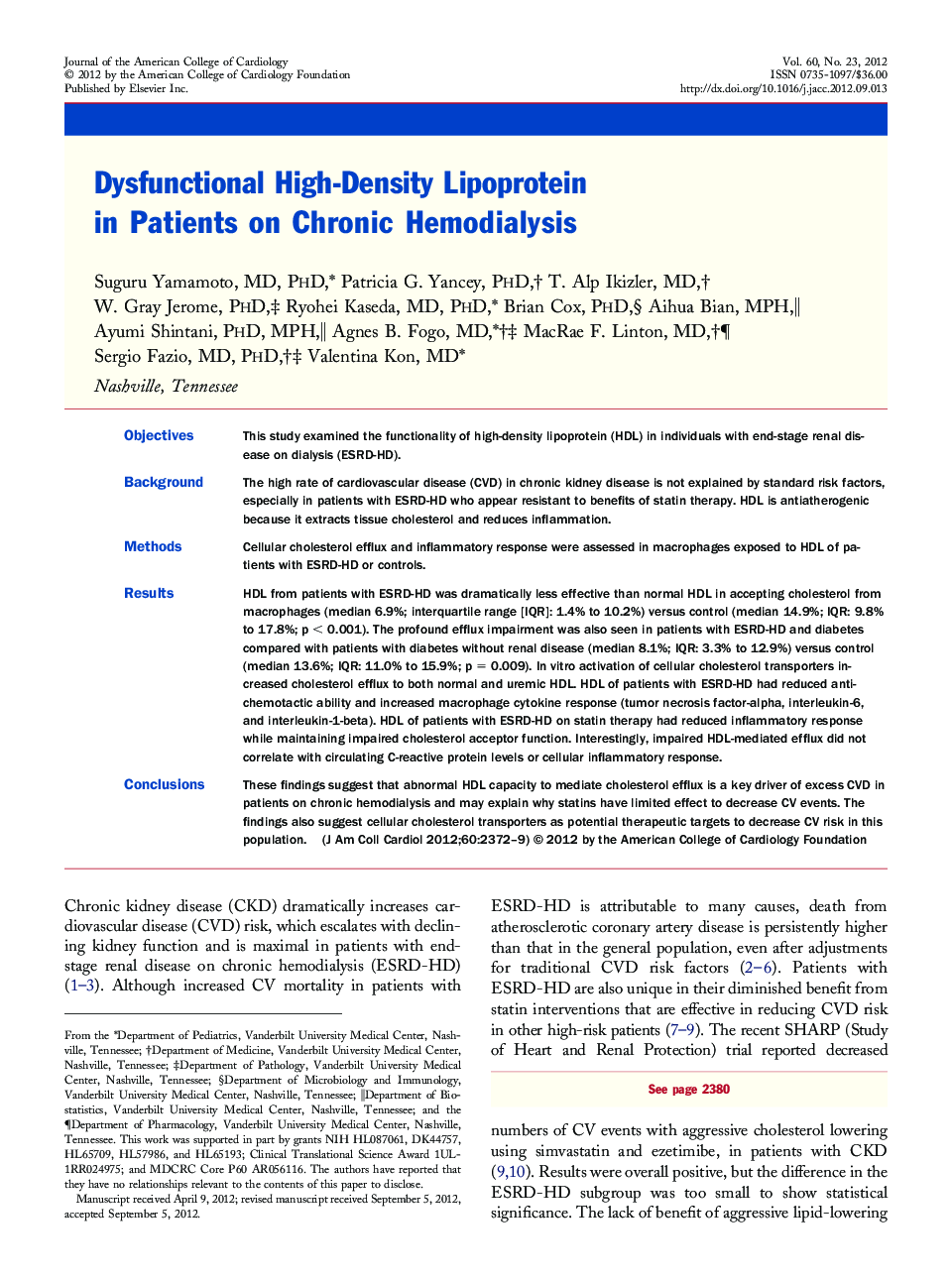 Dysfunctional High-Density Lipoprotein in Patients on Chronic Hemodialysis