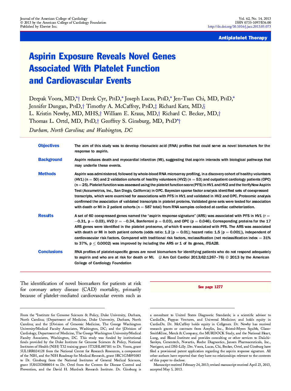 Aspirin Exposure Reveals Novel Genes Associated With Platelet Function and Cardiovascular Events