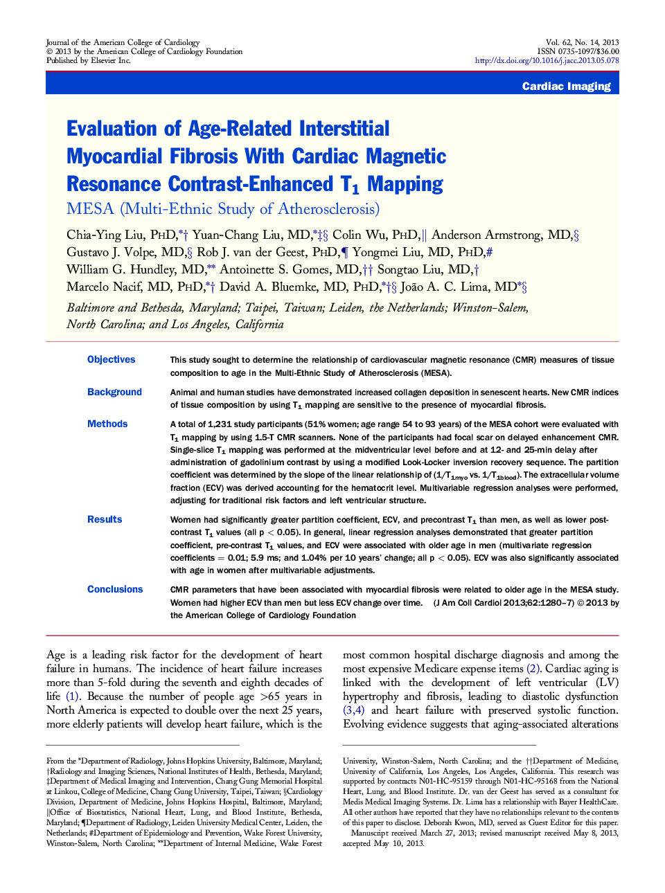 Evaluation of Age-Related Interstitial Myocardial Fibrosis With Cardiac Magnetic Resonance Contrast-Enhanced T1 Mapping: MESA (Multi-Ethnic Study of Atherosclerosis)