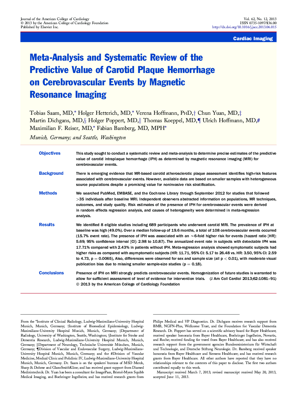 Meta-Analysis and Systematic Review of the Predictive Value of Carotid Plaque Hemorrhage on Cerebrovascular Events by Magnetic Resonance Imaging