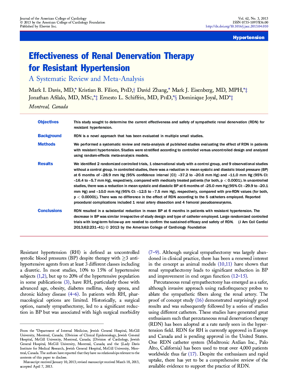 Effectiveness of Renal Denervation Therapy forÂ Resistant Hypertension: A Systematic Review and Meta-Analysis