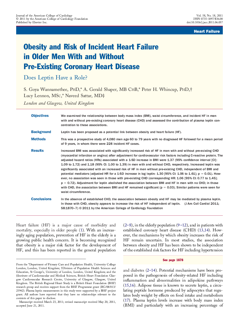 Obesity and Risk of Incident Heart Failure in Older Men With and Without Pre-Existing Coronary Heart Disease: Does Leptin Have a Role?