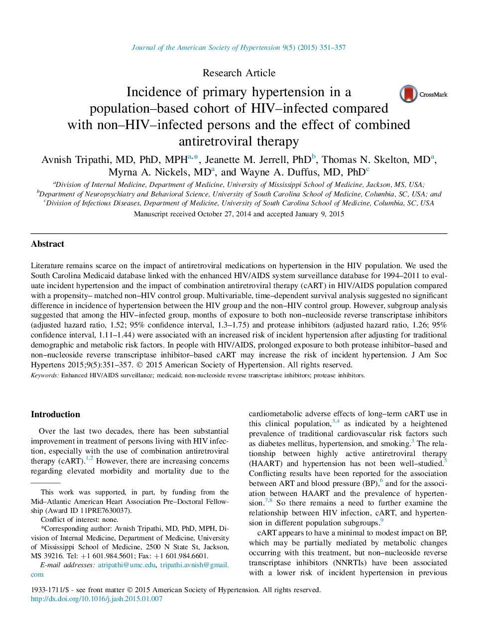 Incidence of primary hypertension in a population-based cohort of HIV-infected compared with non-HIV-infected persons and the effect of combined antiretroviral therapy