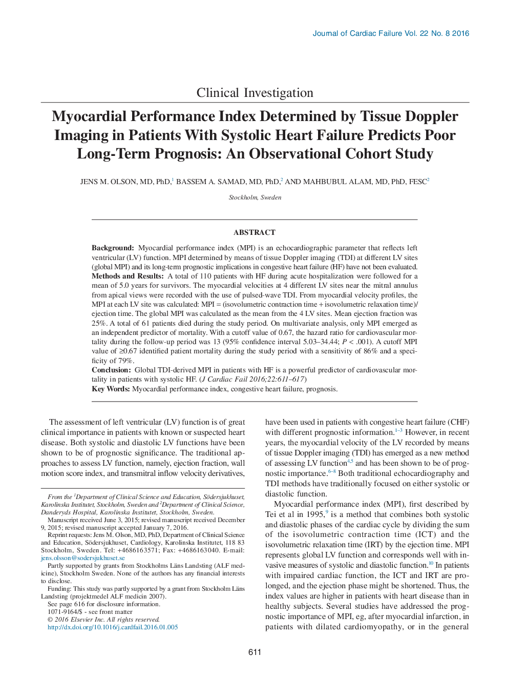 Myocardial Performance Index Determined by Tissue Doppler Imaging in Patients With Systolic Heart Failure Predicts Poor Long-Term Prognosis: An Observational Cohort Study