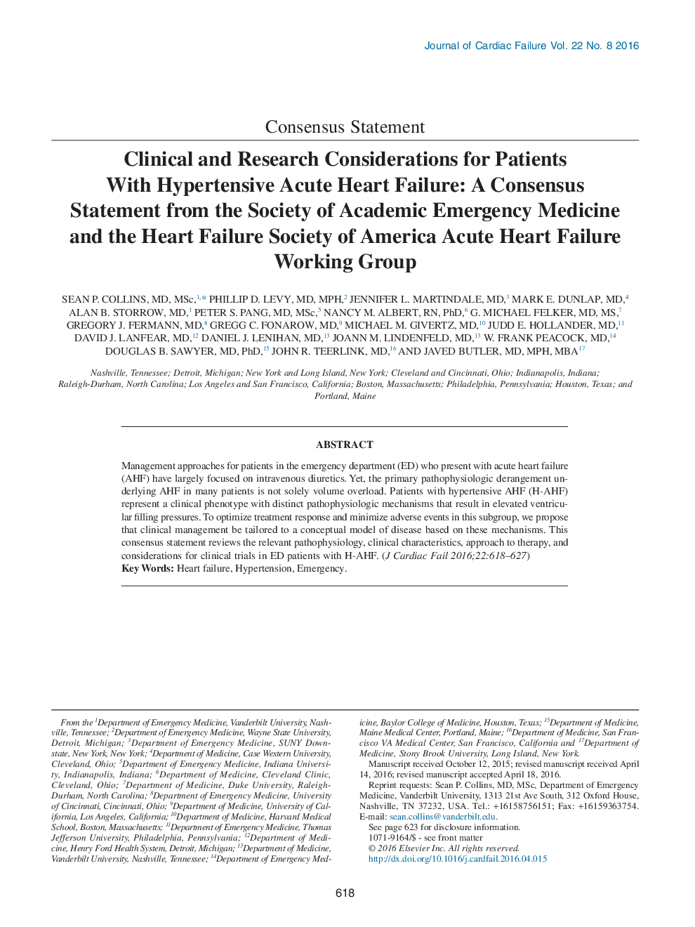Clinical and Research Considerations for Patients With Hypertensive Acute Heart Failure: A Consensus Statement from the Society of Academic Emergency Medicine and the Heart Failure Society of America Acute Heart Failure Working Group