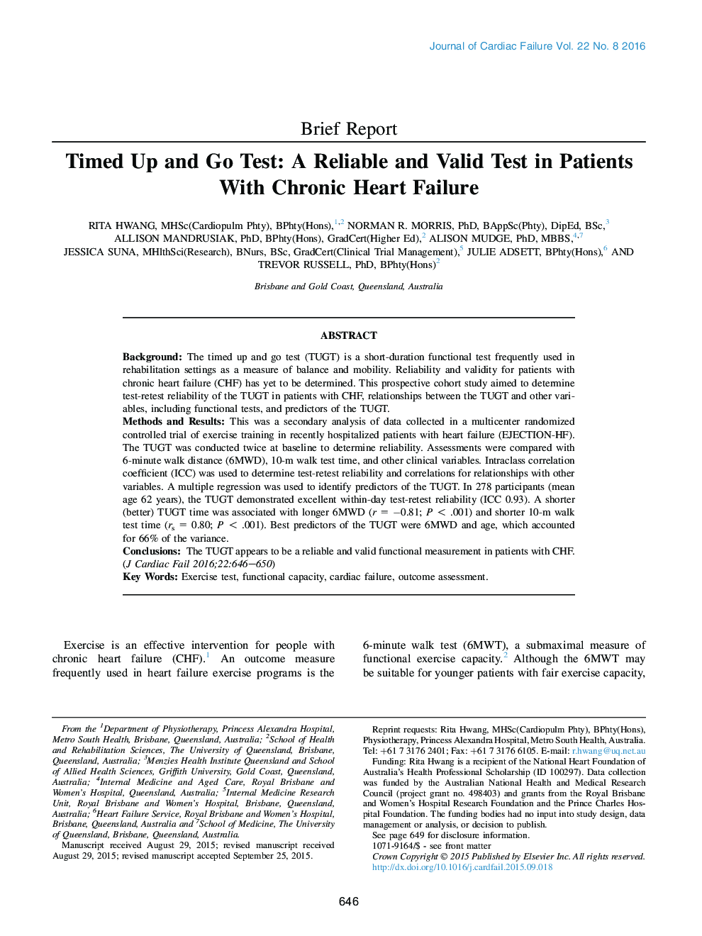 Timed Up and Go Test: A Reliable and Valid Test in Patients With Chronic Heart Failure